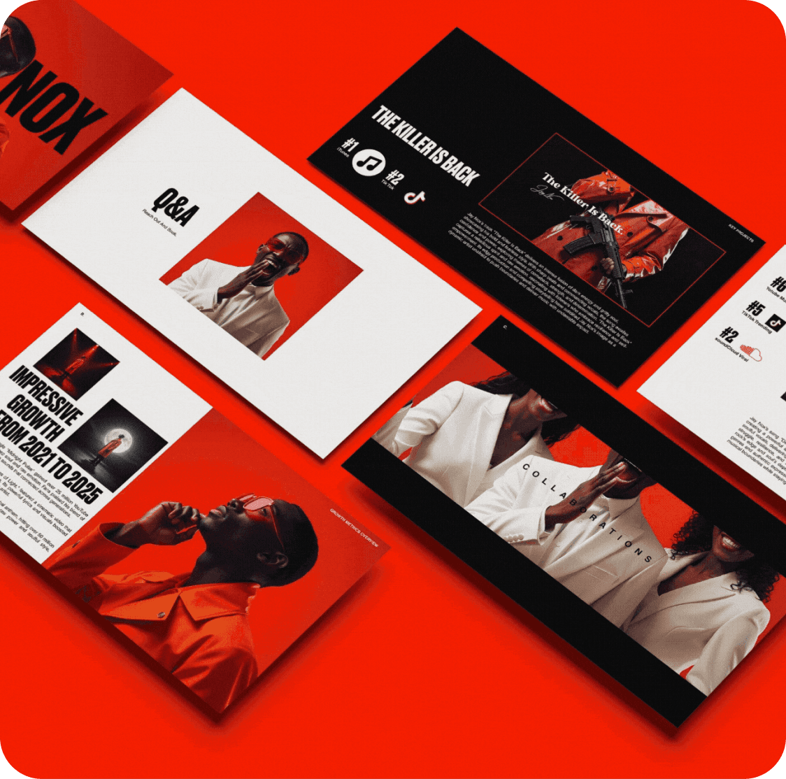 Red editorial presentation with coordinated slide layouts