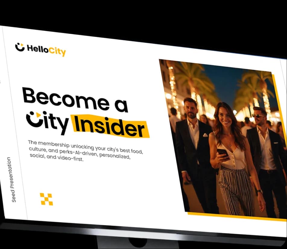 Hello City investor pitch deck displayed on a laptop